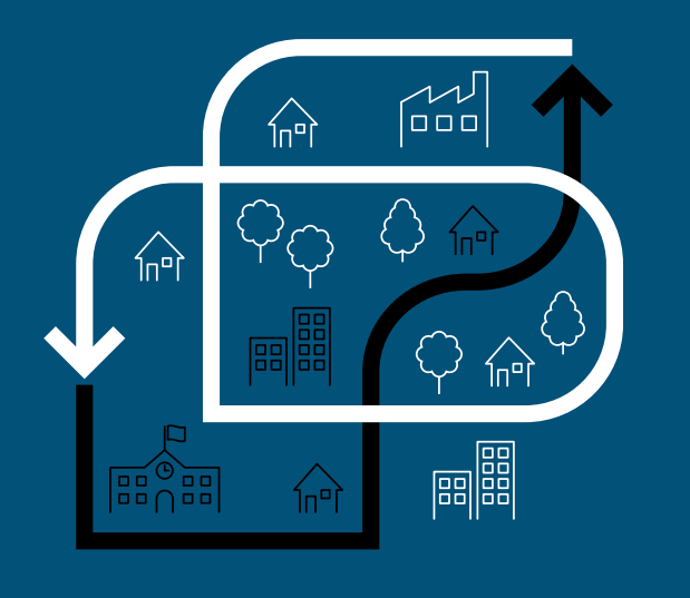 Health and Economies Infographic with curved arrows, buildings and trees