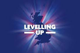 Levelling Up written on top of map of UK and the colours of the Union Jack: red, white and blue