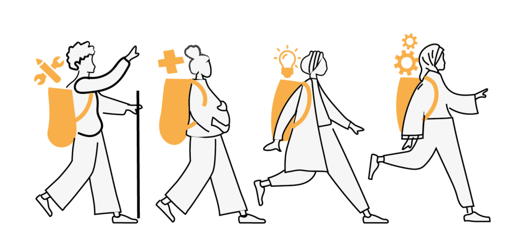 4 people walking together with back packs full of tools and resources.