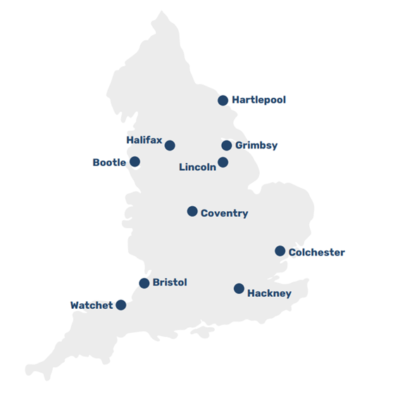 A map of PBSA places across the country Hartlepool, Grimsby, Halifax, Bootle, Lincoln, Coventry, Colchester, Hackney, Bristol and Watchet.