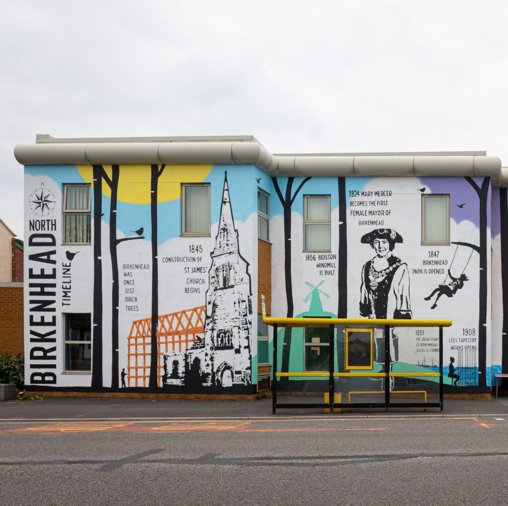 A mural charting the history of Birkenhead.