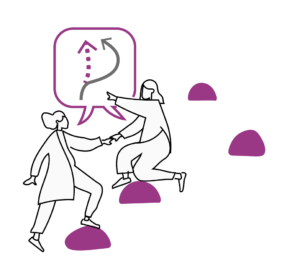 A line illustration of 2 people following a winding path. They are discussing the best route forward.