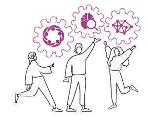 A line illustration of 3 people tossing cogs in the air. The cogs contain mathematical shapes.