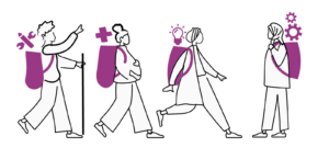 A line illustration of 3 people walking forwards, each has a rucksack containing assets. There is a 4th person in front guiding them.