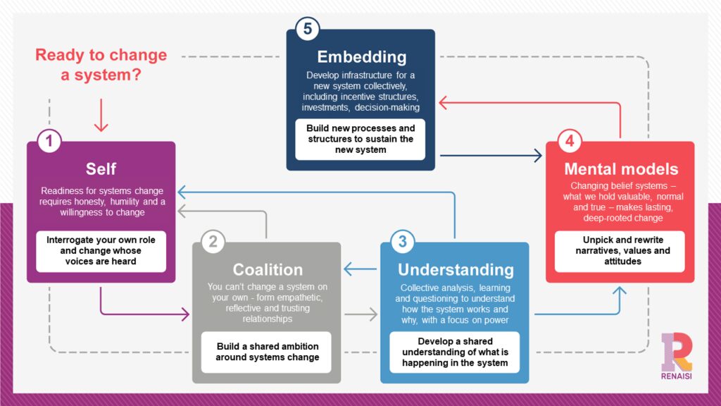 Guide to systems change graphic depicts the 5 activities needed for change.